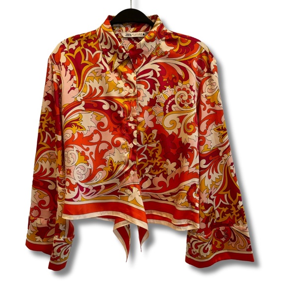 ZARA 70’s Retro Vibrant Crop Blouse Bell Sleeve Collared Button Down Tie Front - Picture 4 of 13